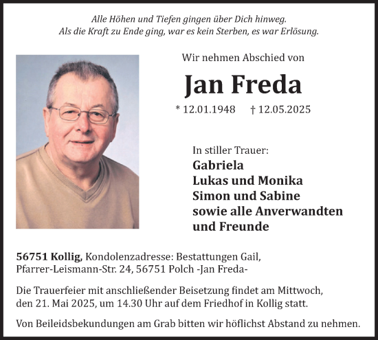 Traueranzeige von Jan Freda von WochenSpiegel