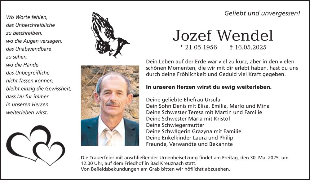 Traueranzeige für Joez Wendel vom 24.05.2025 aus WochenSpiegel