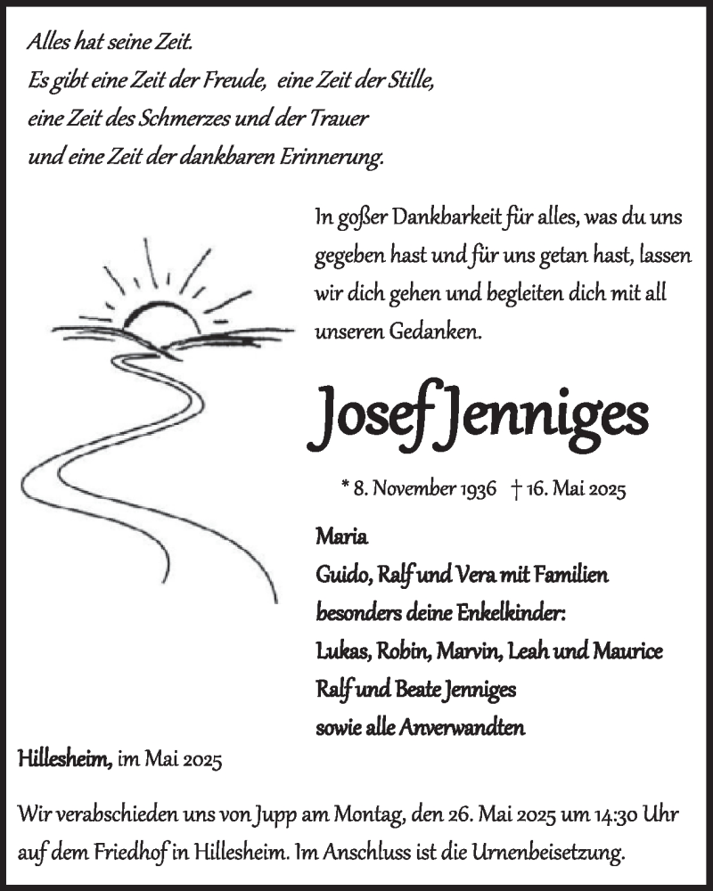  Traueranzeige für Josef Jenniges vom 24.05.2025 aus WochenSpiegel
