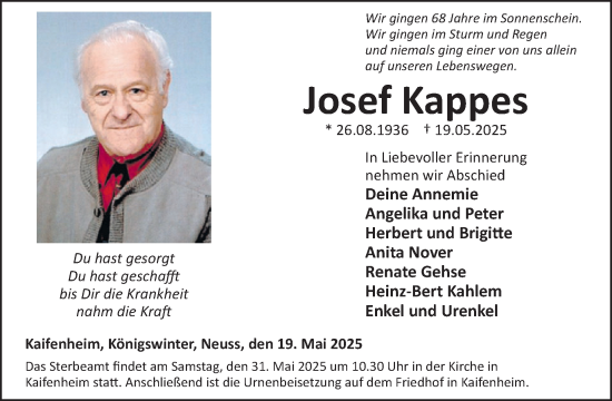 Traueranzeige von Josef Kappes von WochenSpiegel