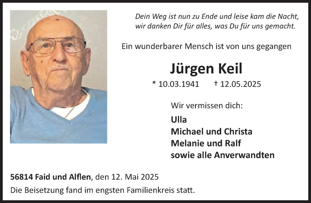  Traueranzeige für Jürgen Keil vom 28.05.2025 aus WochenSpiegel