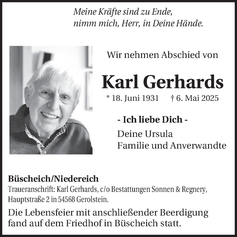  Traueranzeige für Karl Gerhards vom 17.05.2025 aus WochenSpiegel