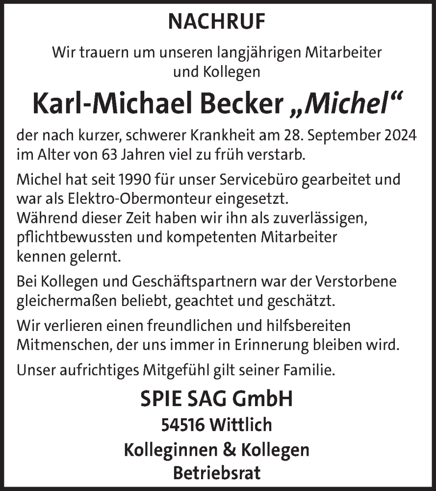  Traueranzeige für Karl-Michael Becker vom 08.11.2024 aus WochenSpiegel