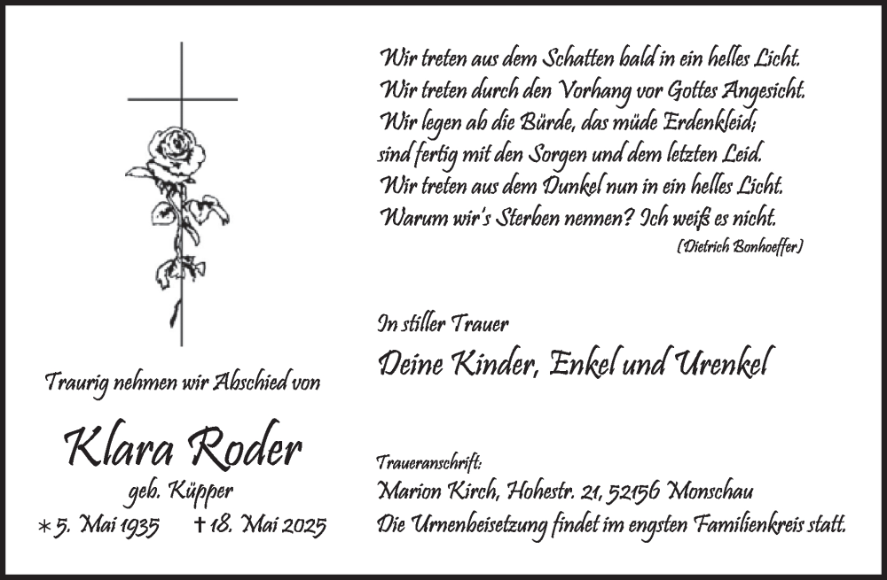 Traueranzeige für Klara Roder vom 21.05.2025 aus WochenSpiegel