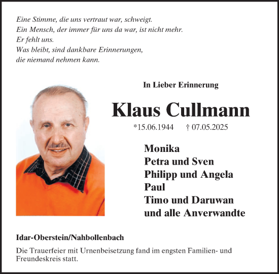Traueranzeige von Klaus Cullmann von WochenSpiegel