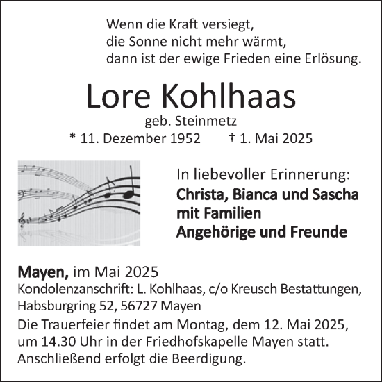 Traueranzeige von Lore Kohlhaas von WochenSpiegel