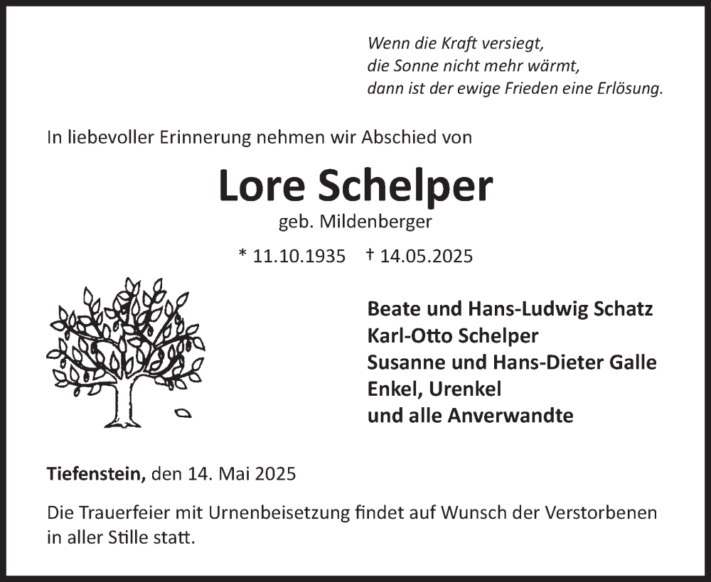  Traueranzeige für Lore Schelper vom 24.05.2025 aus WochenSpiegel