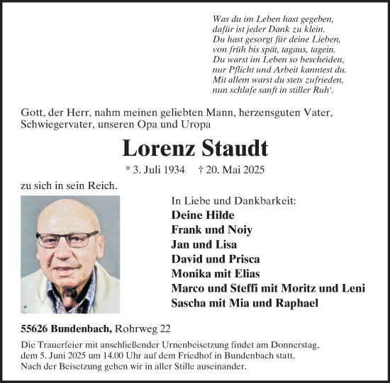 Traueranzeige von Lorenz Staudt von WochenSpiegel