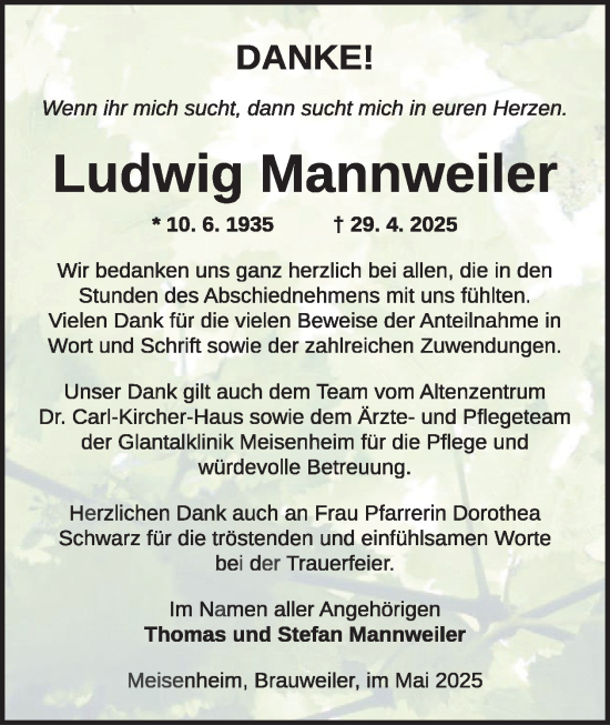 Traueranzeige von Ludwig Mannweiler von WochenSpiegel