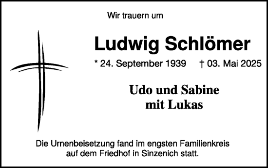 Traueranzeige von Ludwig Schlömer von WochenSpiegel