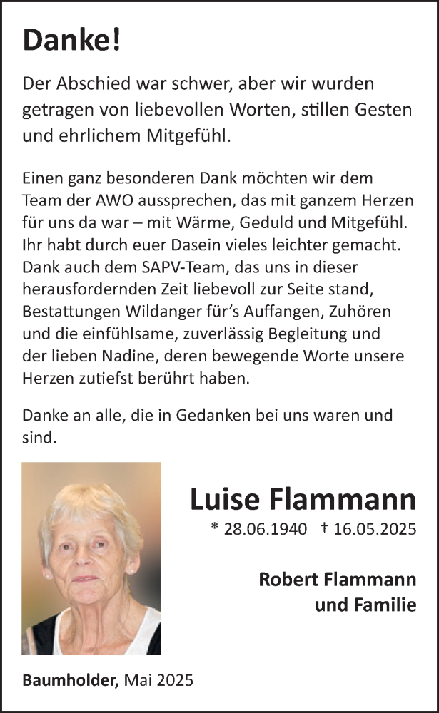  Traueranzeige für Luise Flammann vom 31.05.2025 aus WochenSpiegel