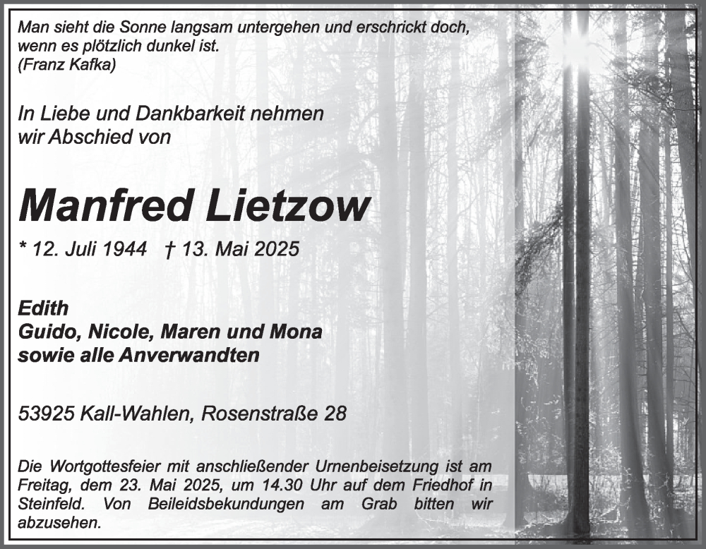  Traueranzeige für Manfred Lietzow vom 21.05.2025 aus WochenSpiegel