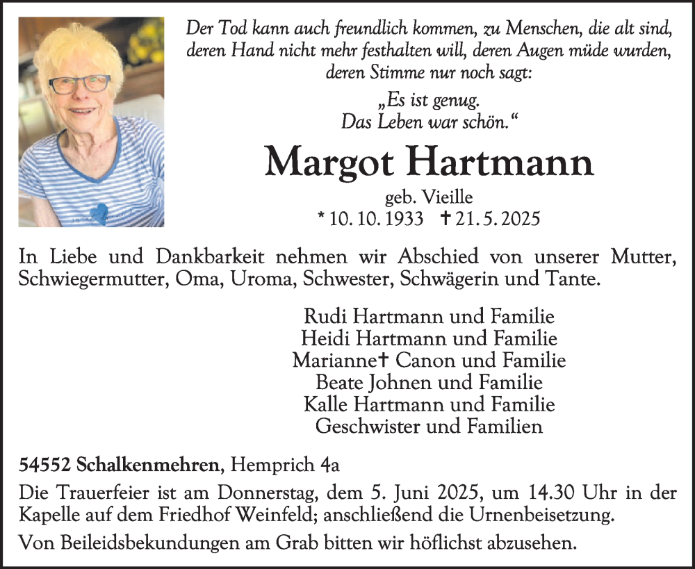  Traueranzeige für Margot Hartmann vom 31.05.2025 aus WochenSpiegel