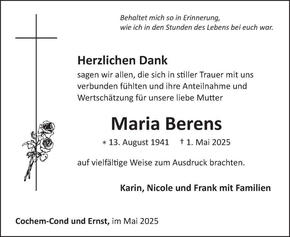  Traueranzeige für Maria Berens vom 28.05.2025 aus WochenSpiegel