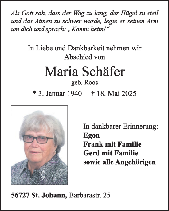 Traueranzeige von Maria Schäfer von WochenSpiegel