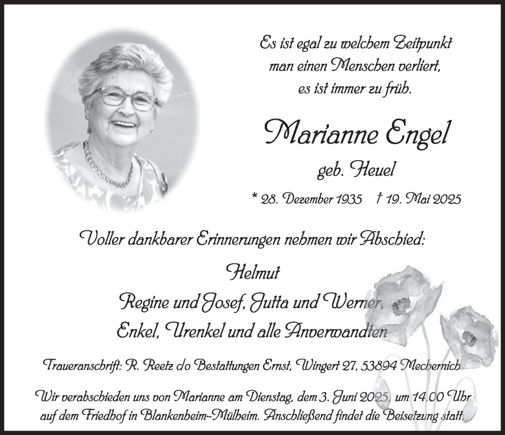  Traueranzeige für Marianne Engel vom 28.05.2025 aus WochenSpiegel