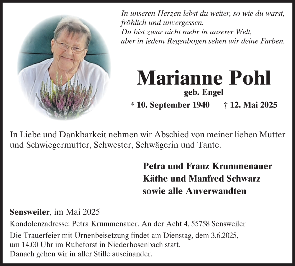  Traueranzeige für Marianne Pohl vom 24.05.2025 aus WochenSpiegel