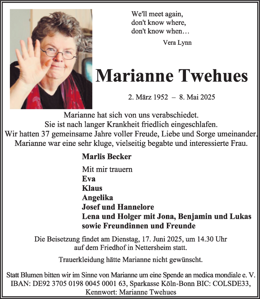  Traueranzeige für Marianne Twehues vom 28.05.2025 aus WochenSpiegel