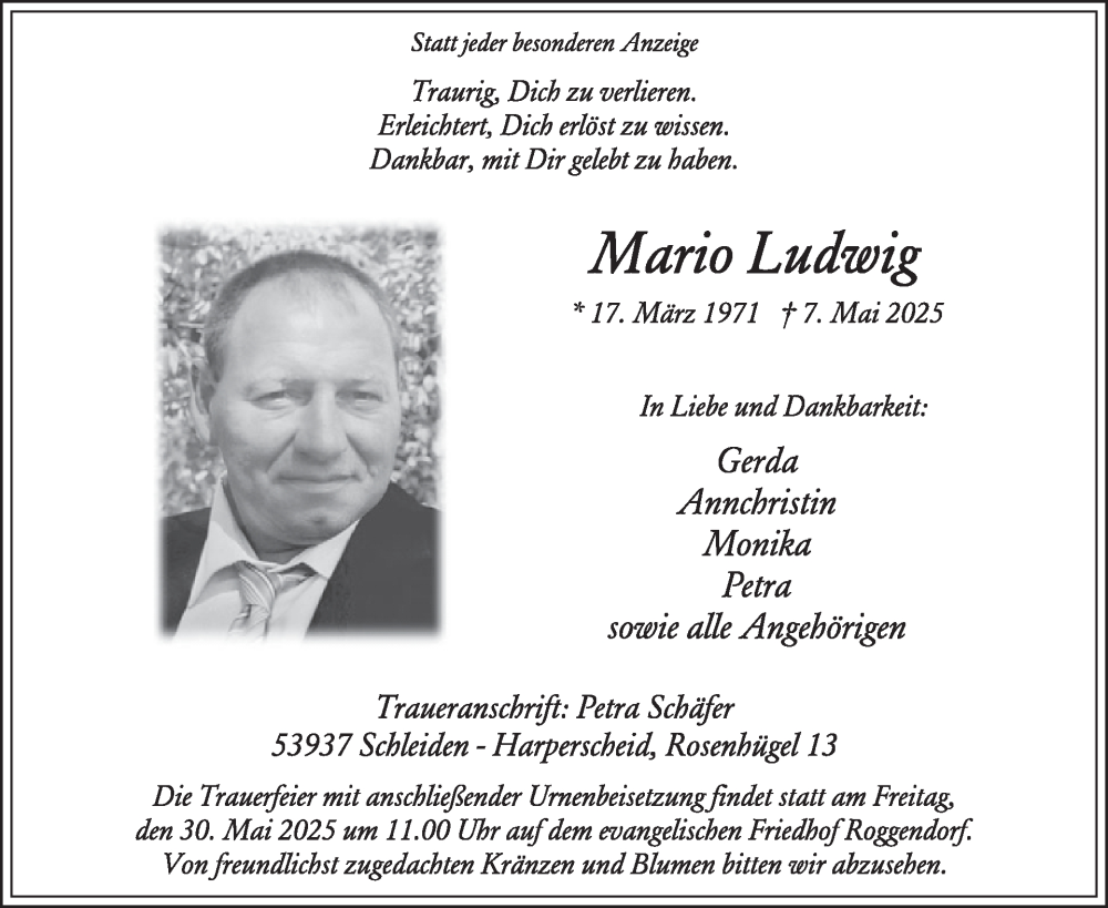  Traueranzeige für Mario Ludwig vom 21.05.2025 aus WochenSpiegel
