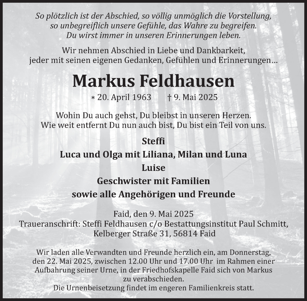  Traueranzeige für Markus Feldhausen vom 21.05.2025 aus WochenSpiegel