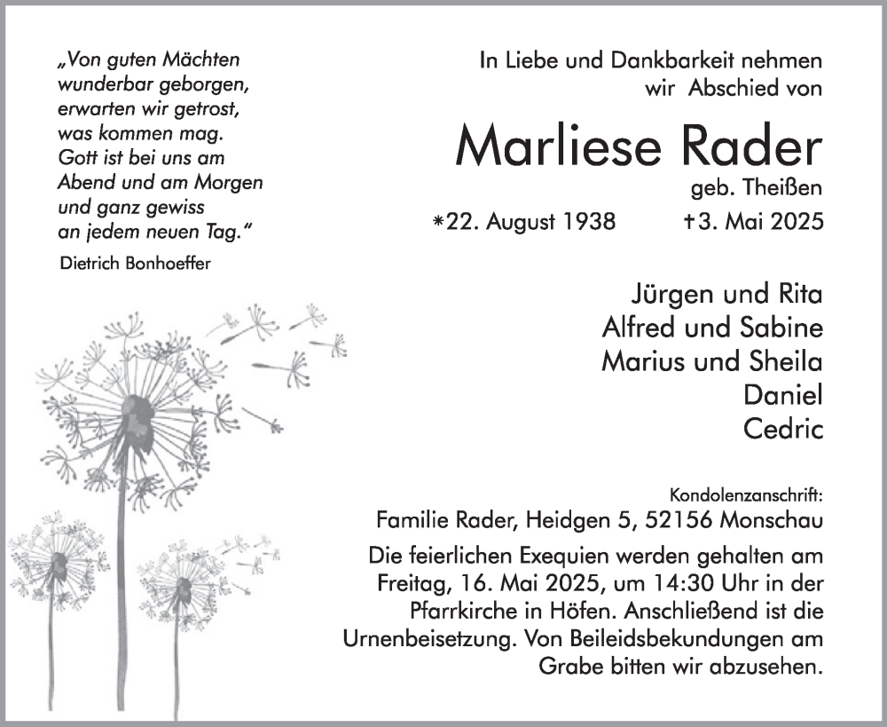  Traueranzeige für Marliese Rader vom 14.05.2025 aus WochenSpiegel