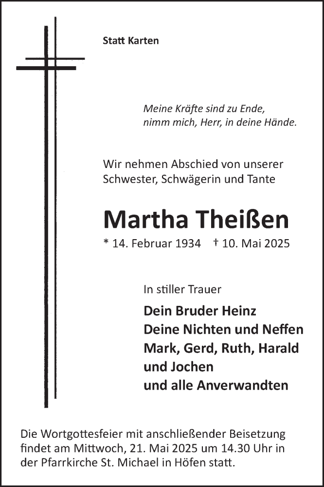  Traueranzeige für Martha Theißen vom 14.05.2025 aus WochenSpiegel