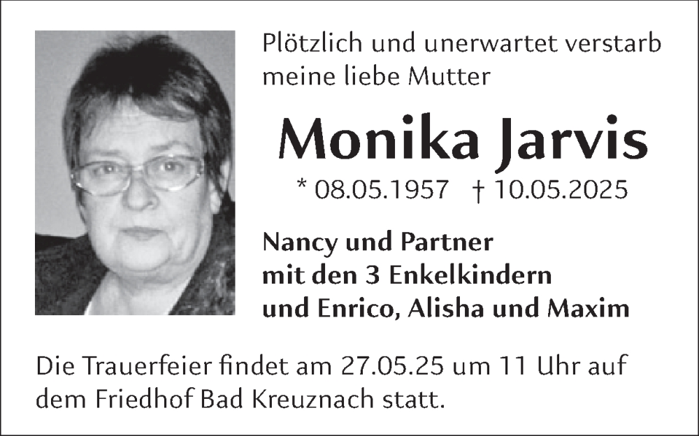  Traueranzeige für Monika Jarvis vom 24.05.2025 aus WochenSpiegel