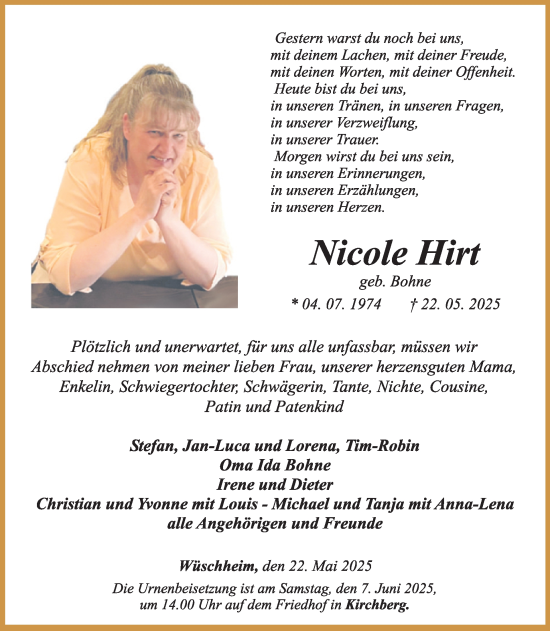 Traueranzeige von Nicole Hirt von WochenSpiegel