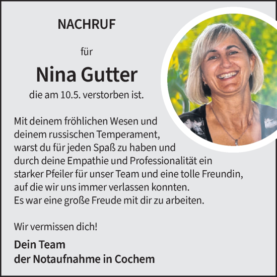Traueranzeige von Nina Gutter von WochenSpiegel