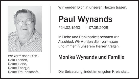 Traueranzeige von Paul Wynands von WochenSpiegel