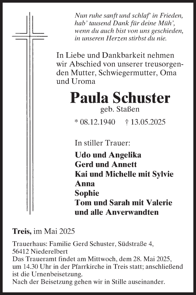  Traueranzeige für Paula Schuster vom 21.05.2025 aus WochenSpiegel