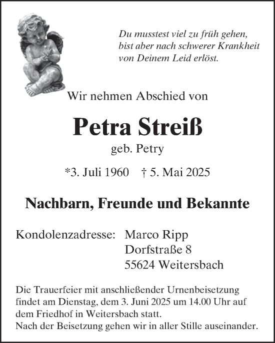 Traueranzeige von Petra Streiß von WochenSpiegel