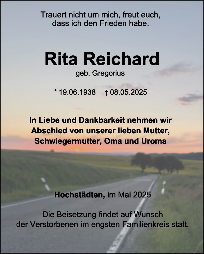  Traueranzeige für Rita Reichard vom 17.05.2025 aus WochenSpiegel