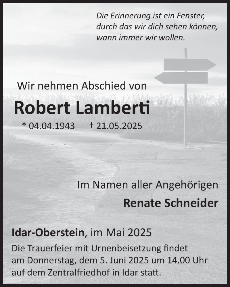  Traueranzeige für Robert Lamberti vom 31.05.2025 aus WochenSpiegel