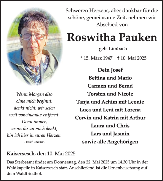 Traueranzeige von Roswitha Pauken von WochenSpiegel