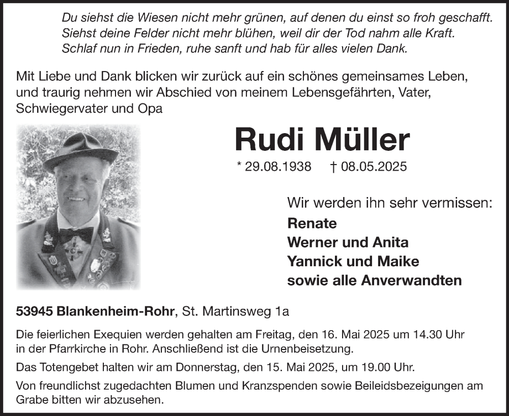  Traueranzeige für Rudi Müller vom 14.05.2025 aus WochenSpiegel