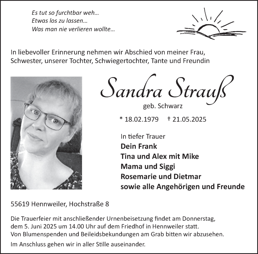  Traueranzeige für Sandra Strauß vom 31.05.2025 aus WochenSpiegel
