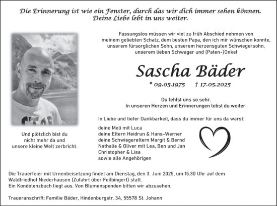 Traueranzeige von Sascha Bäder von WochenSpiegel