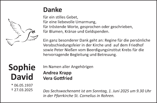 Traueranzeige von Sophie David von WochenSpiegel