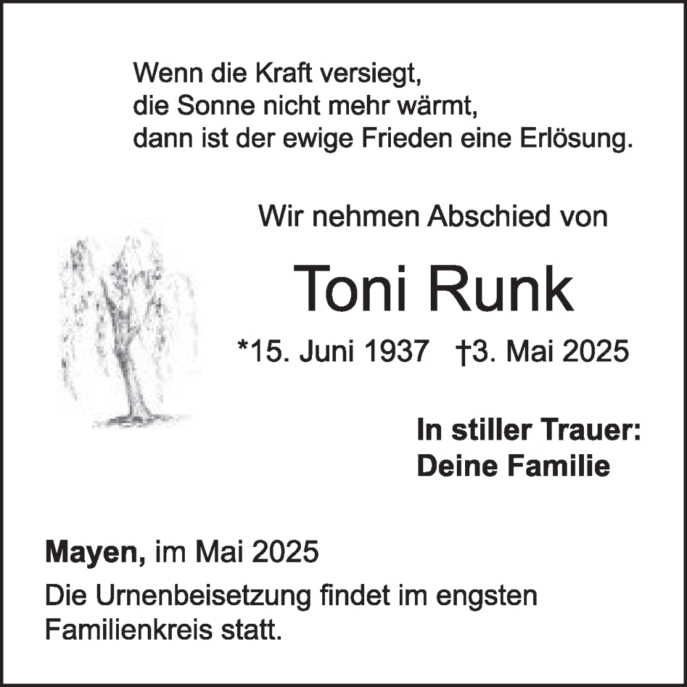  Traueranzeige für Toni Runk vom 14.05.2025 aus WochenSpiegel