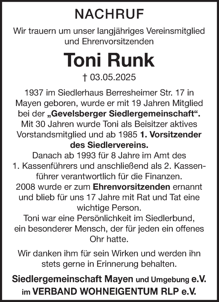  Traueranzeige für Toni Runk vom 14.05.2025 aus WochenSpiegel