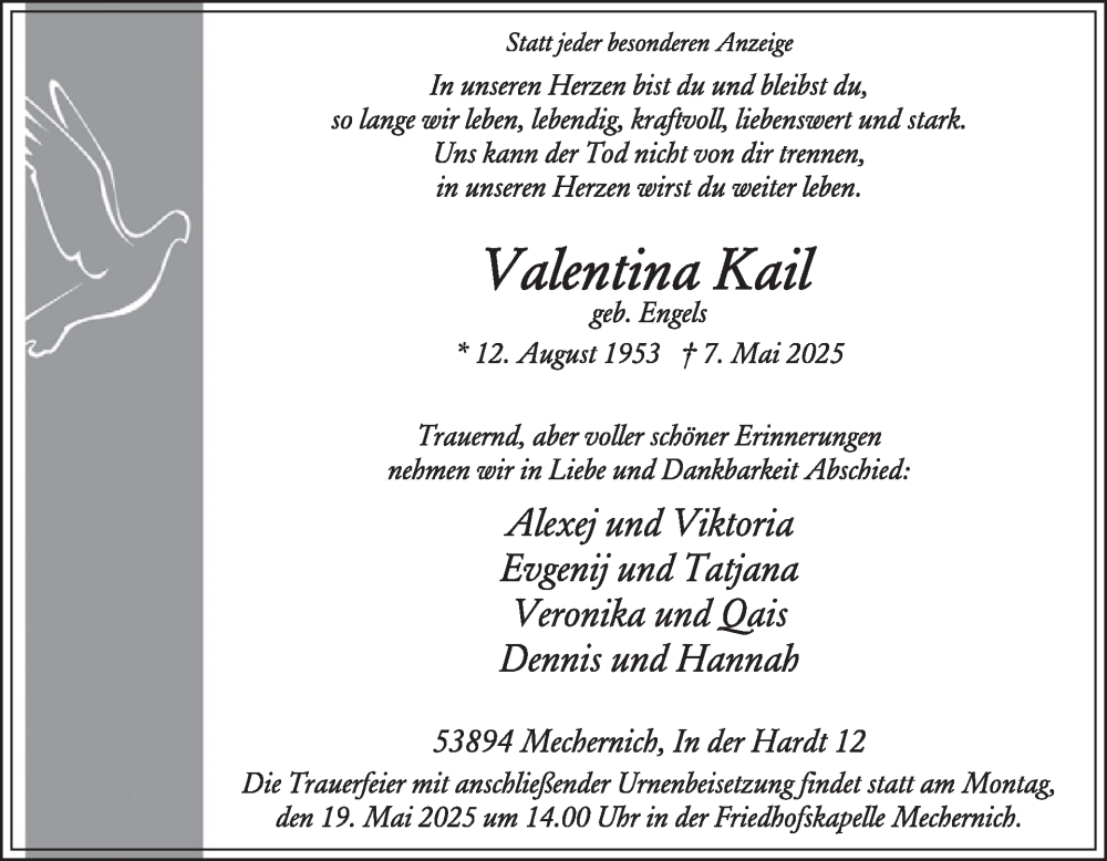 Traueranzeige für Valentina Kail vom 14.05.2025 aus WochenSpiegel