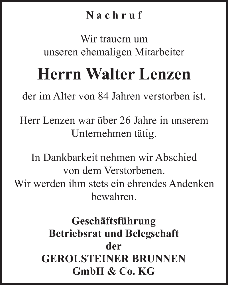  Traueranzeige für Walter Lenzen vom 31.05.2025 aus WochenSpiegel