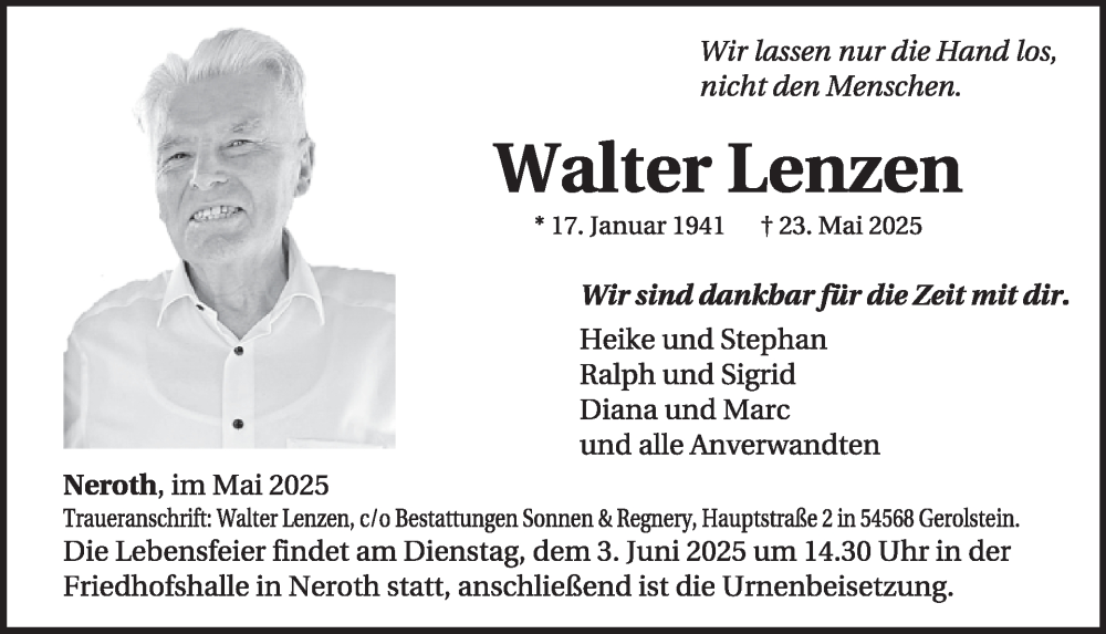  Traueranzeige für Walter Lenzen vom 31.05.2025 aus WochenSpiegel