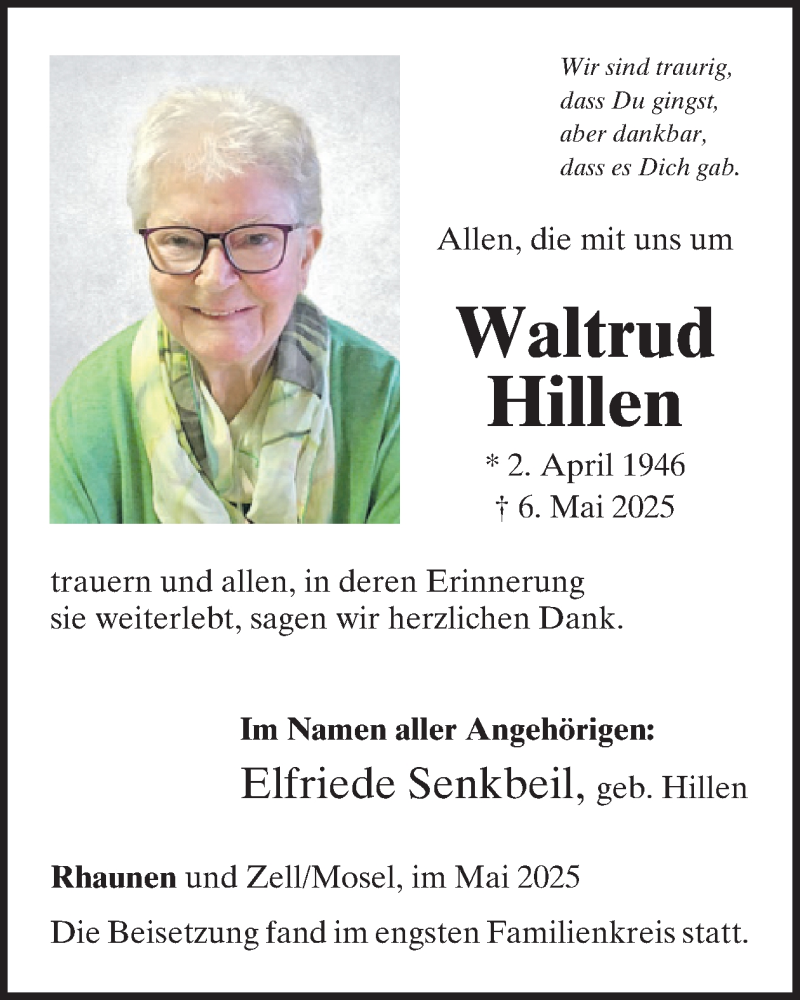  Traueranzeige für Waltrud Hillen vom 31.05.2025 aus WochenSpiegel
