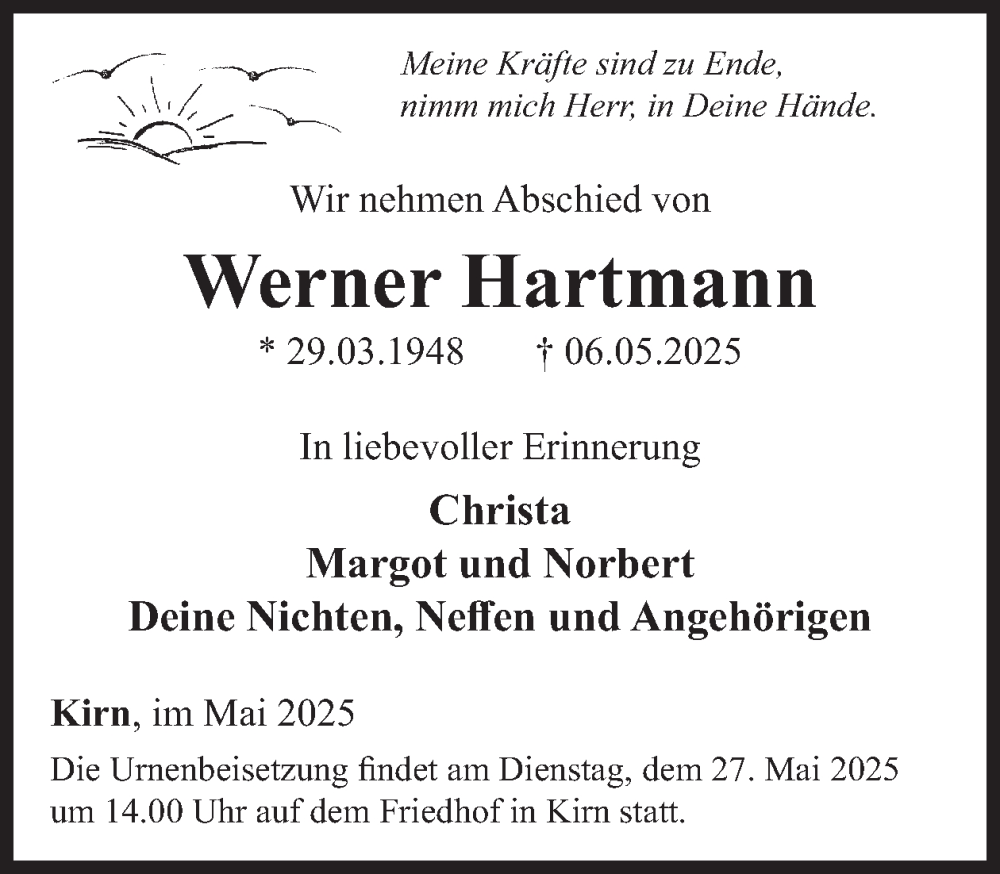  Traueranzeige für Werner Hartmann vom 24.05.2025 aus WochenSpiegel