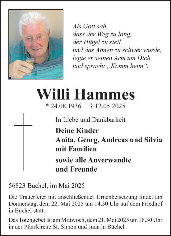 Traueranzeige von Willi Hammes von WochenSpiegel