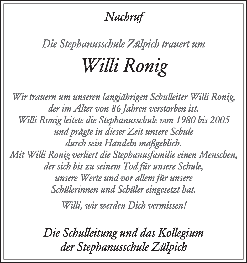  Traueranzeige für Willi Ronig vom 14.05.2025 aus WochenSpiegel