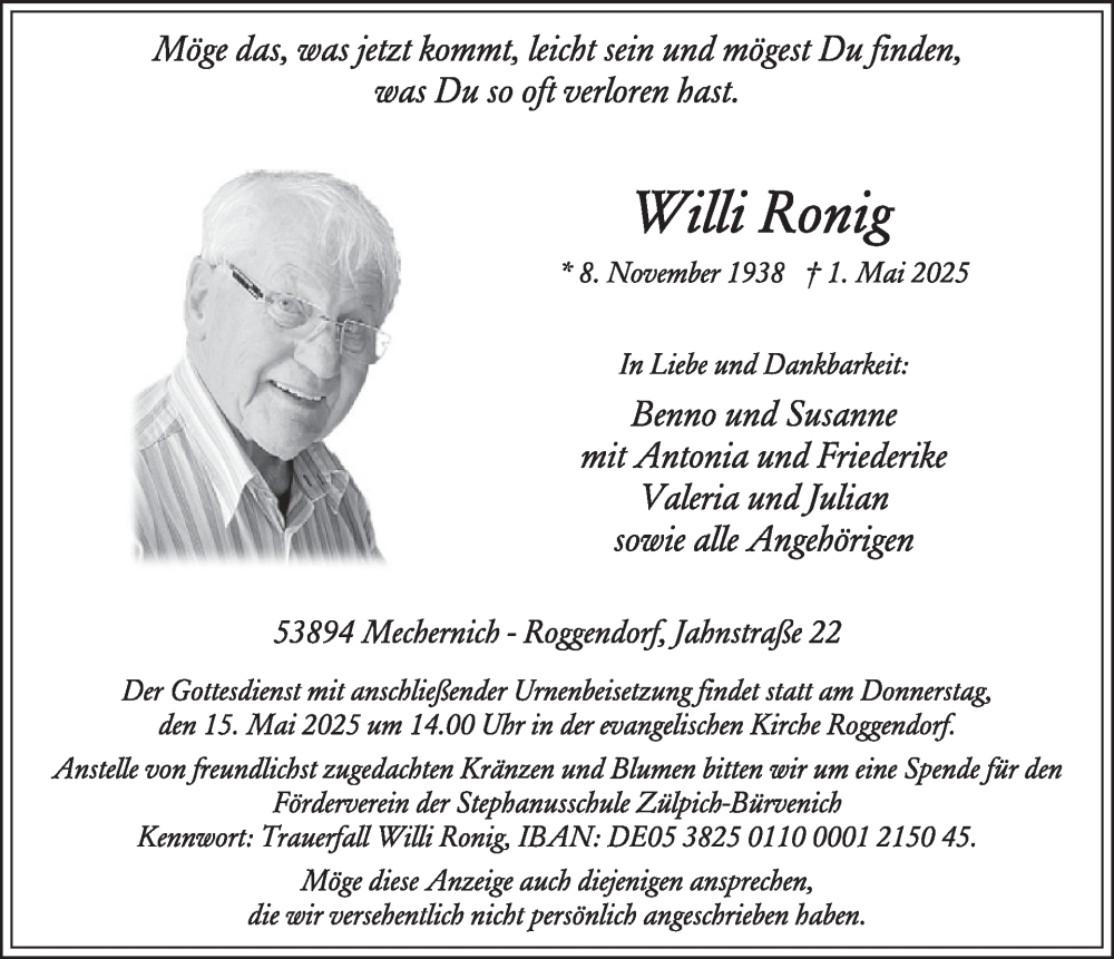  Traueranzeige für Willi Ronig vom 14.05.2025 aus WochenSpiegel