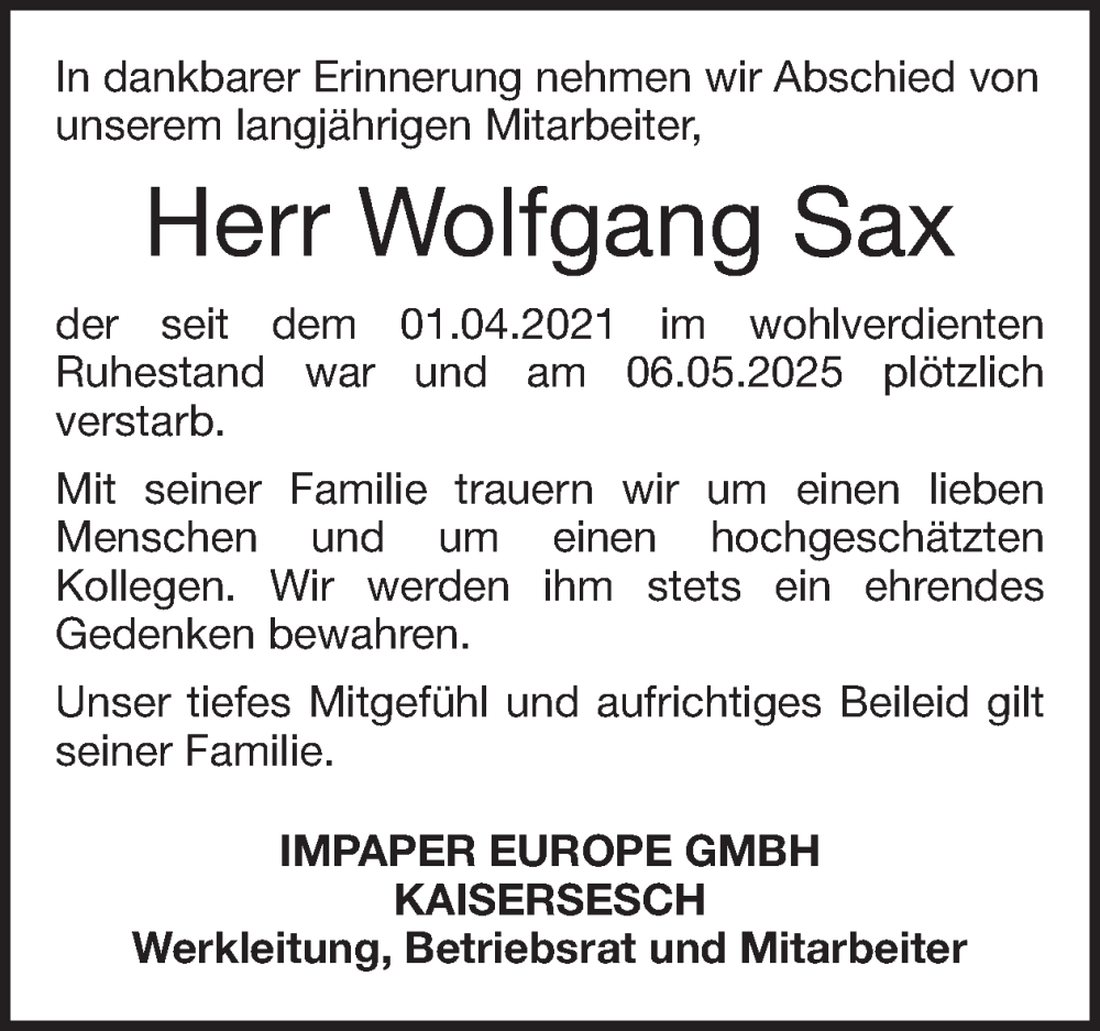  Traueranzeige für Wolfgang Sax vom 21.05.2025 aus WochenSpiegel